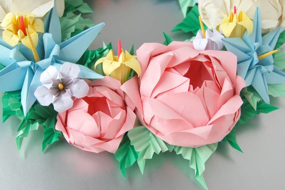 Baby Pink and Cream Rose Origami Wreath, Mother's Day Wreath, Easter Wreath - Main Image