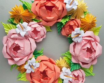 Valentine Day Wreath, Pink Rose and Yellow Dahlia Origami Paper Wreath, Mother's Day Wreath, Spring Wreath, Easter Wreath