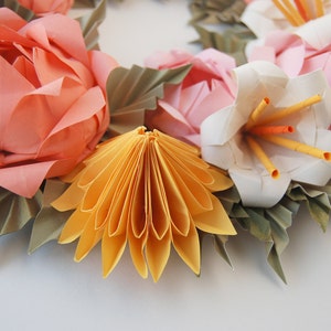 Valentine's Day Wreath, Pink Rose and Yellow Dahlia Origami Paper Wreath, Mother's Day Wreath, Spring Wreath, Easter Wreath image 3