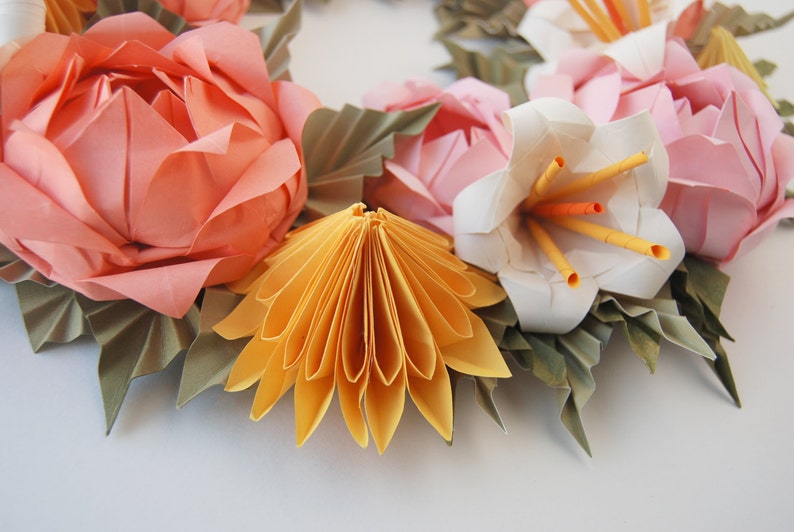 Valentine's Day Wreath, Pink Rose and Yellow Dahlia Origami Paper Wreath, Mother's Day Wreath, Spring Wreath, Easter Wreath image 3