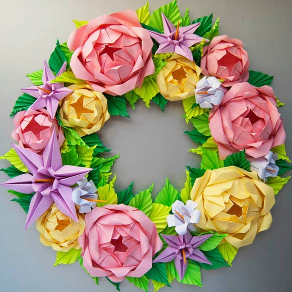 Valentine's Day Wreath, Baby Pink and Yellow Rose Origami Wreath, Easter wreath, Mother's day Flower Wreath, Door Wreath