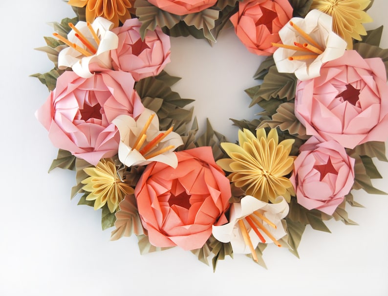 Valentine's Day Wreath, Pink Rose and Yellow Dahlia Origami Paper Wreath, Mother's Day Wreath, Spring Wreath, Easter Wreath image 5