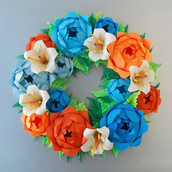 Blue Orange Rose Origami Paper Wreath With Cream Lilies, Mother's