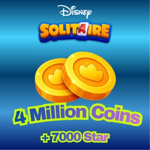 Puede incluir: Imagen promocional de Disney Solitaire con dos monedas de oro con diseños de nubes. La imagen incluye el texto "4 Million Coins + 7000 Star" sobre un fondo azul degradado. El logotipo de Disney Solitaire está en la parte superior.