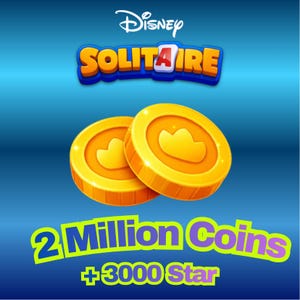 Puede incluir: Gráfico promocional de Disney Solitaire con el logotipo del juego, dos monedas de oro con símbolos de nubes y el texto "2 Millones de monedas + 3000 Estrellas" sobre un fondo azul.