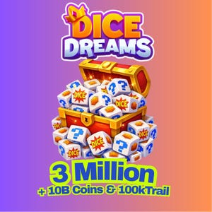 Puede incluir: Imagen digital con un cofre del tesoro rojo lleno de dados blancos. Cada dado tiene un signo de interrogación o la palabra "DICE". El texto "DICE DREAMS" está en la parte superior y "3 Million +10B Coins & 100k Trail" en la parte inferior.