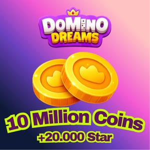 Puede incluir: Gráfico promocional de "Domino Dreams" con dos monedas de oro con símbolos de nube. El texto dice "10 Million Coins +20.000 Star" sobre un fondo degradado púrpura y rosa. El logotipo del juego está en la parte superior.
