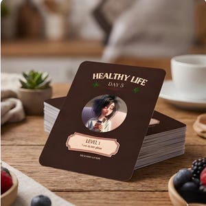 Può includere: Una pila di carte marroni con il testo "HEALTHY LIFE DAY 5" e "LEVEL 1". Le carte presentano un'illustrazione di una persona che tiene in mano un telefono. Frutti di bosco e una piccola pianta sullo sfondo.