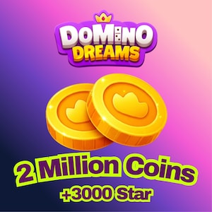 Puede incluir: Gráfico promocional para "Domino Dreams" con dos monedas de oro con emblemas de nube. El texto dice "2 Million Coins +3000 Star" en un diseño vibrante sobre un fondo degradado púrpura y rosa.
