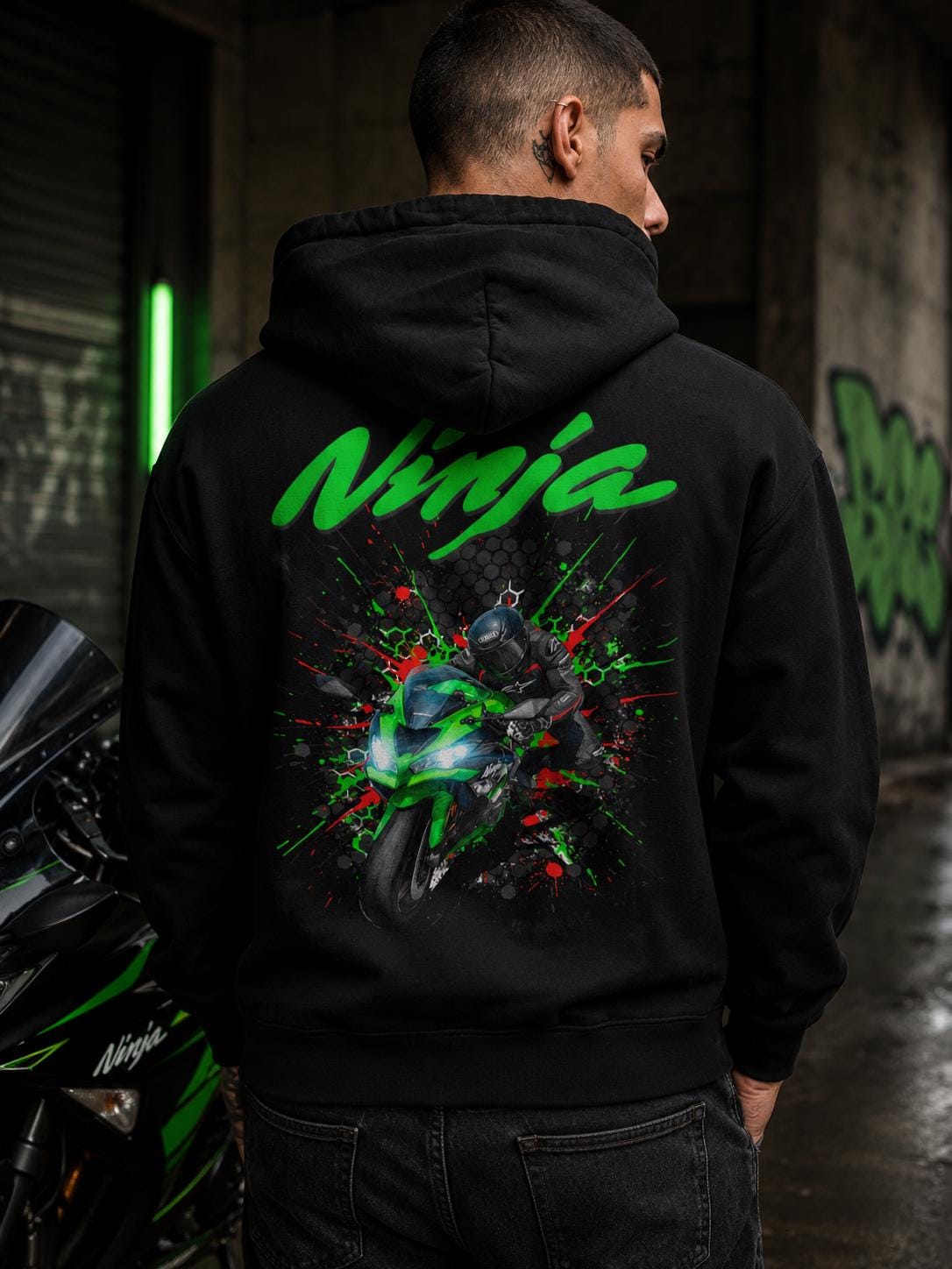 【未使用】NOEL REUSSIR★Warning Logo Sweat Ninja ZX-6R Hoodie, 636 Supersport Screamer Inline-four Biker