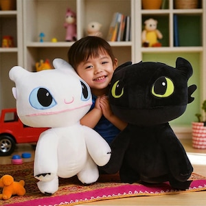 Toothless And Light Fury Plush Pillow – HTTYD Inspired Sleeping Cushion | Handmade Black White Dragon Plush for Kids & Fans