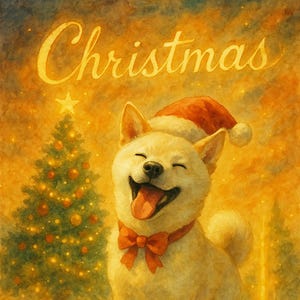 Puede incluir: Ilustración en acuarela de un perro Shiba Inu sonriente con un gorro de Papá Noel y una pajarita roja. Un árbol de Navidad decorado y la palabra "Christmas" están en el fondo, con una paleta de colores cálidos y dorados.