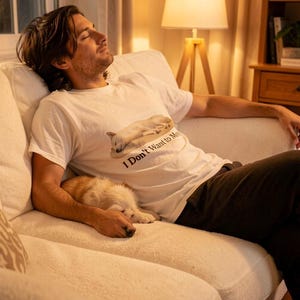 以下が含まれることがあります： 白いTシャツに、眠っている犬のグラフィックと「I Don't Want to Move」の文字がプリントされています。白いソファでくつろいでいる人が着ています。小さな犬もソファで休んでいます。