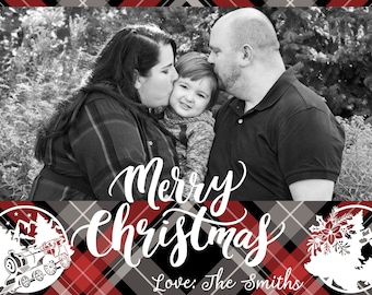 Personalized Christmas photo card, red black plaid, Christmas card, digital card
