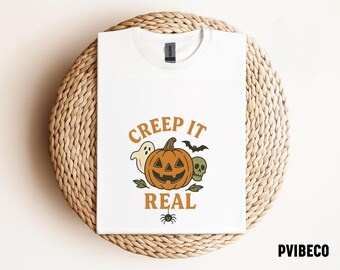 Creep It Real Halloween Tee: Ghost, Pumpkin & Skull - Spooky Season Shirt