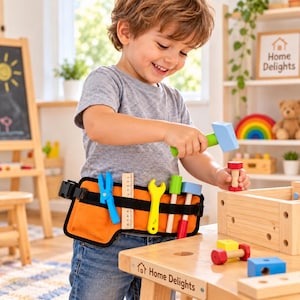 May include: A child's orange fabric tool belt with black trim and adjustable buckle, holding a set of wooden toy tools including a blue pair of pliers, a wooden ruler, a yellow wrench, a green screwdriver, and a blue hammer with a red handle.