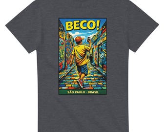May include: Dark gray t-shirt featuring a colorful graphic. The graphic depicts a person walking down a graffiti-covered alley, holding a phone. The word "BECO!" is at the top, with "SÃO PAULO - BRASIL" at the bottom.