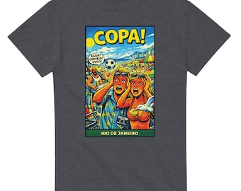 May include: Dark gray t-shirt featuring a colorful comic-style graphic. The graphic reads "COPA!" with a beach scene and the words "Rio de Janeiro" at the bottom. The image depicts a soccer ball and people reacting in shock.