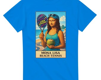 May include: A bright blue t-shirt featuring a graphic of the Mona Lisa playing beach tennis. The artwork includes the text "LISA ASSASSINA" on the tennis racket and "MONA LISA BEACH TENNIS" at the bottom. The Mona Lisa is wearing a blue tank top and holding a coconut.