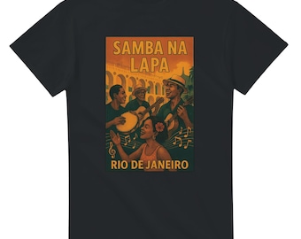 May include: Black t-shirt featuring a vintage-style poster with the text "SAMBA NA LAPA" and "RIO DE JANEIRO." The poster depicts musicians playing instruments and a woman singing, with musical notes and a bridge in the background.