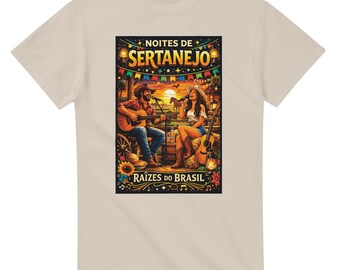 May include: A beige t-shirt featuring a colorful illustration of a musical performance. The artwork includes a man playing a guitar and a woman singing, with the words "NOITES DE SERTANEJO" and "RAÍZES DO BRASIL".