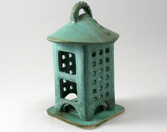 Two Piece Tea Light Mini Lantern-Candle-Candle Holder-Teal-Blue Green-Porcelain Lantern-Stoneware Lantern-Ready to Ship