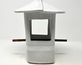 Handmade Stoneware Bird Feeder: Rustic White with bird