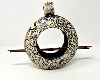 Handmade Stoneware Bird Feeder: Rustic Birdfeeder, Bronze Glaze