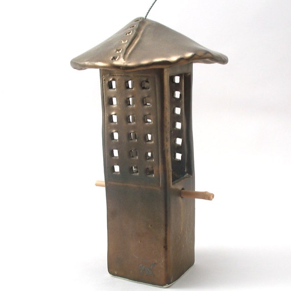 Bird Feeder Ceramic Bird Feeder Metallic Bronze Glaze Pottery Etsy