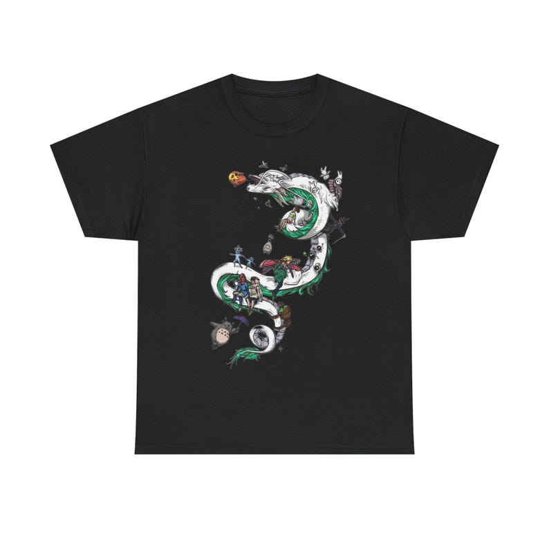 May include: Black t-shirt featuring a white and green dragon design with various animated characters. The dragon winds across the shirt, with detailed illustrations of characters and objects. The design is a vibrant and detailed graphic.