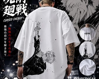 Anime jjk, Streetwear oversized T-shirt, Vintage wassing graphic tee, Manga geïnspireerd shirt, Japanse stijl kleding, Otaku cadeau
