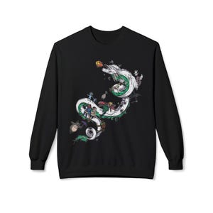 May include: Black sweatshirt featuring a white and green dragon design with various animated characters. The dragon winds across the front of the sweatshirt, with detailed illustrations of characters from popular animated films.