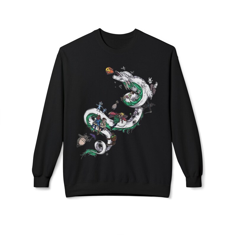May include: Black sweatshirt featuring a white and green dragon design with various animated characters. The dragon winds across the front of the sweatshirt, with detailed illustrations of characters from popular animated films.