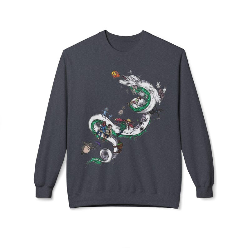 May include: Dark gray sweatshirt featuring a detailed illustration of a white dragon with green accents, carrying various animated characters. The design includes a variety of colorful elements and figures, creating a whimsical and artistic aesthetic.