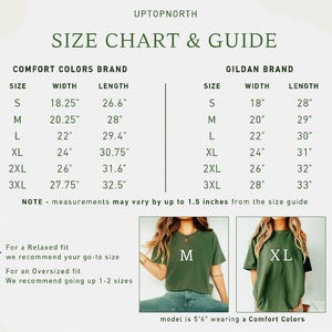 May include: Size chart and guide for Comfort Colors and Gildan brand t-shirts. Includes measurements for sizes S to 3XL. The chart shows width and length in inches. The text also includes recommendations for relaxed and oversized fits.
