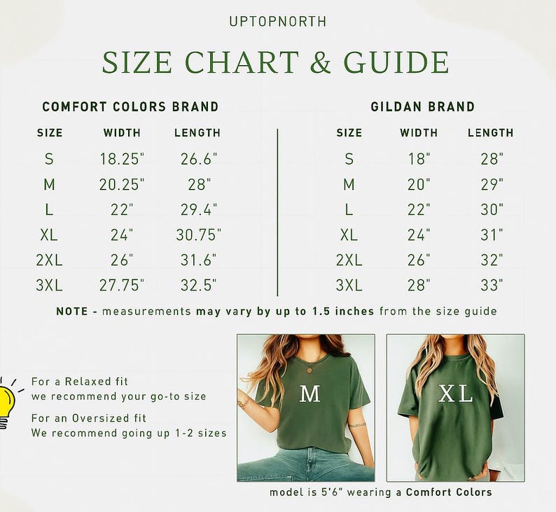 May include: Size chart and guide for Comfort Colors and Gildan brand t-shirts. Includes measurements for sizes S to 3XL. The chart shows width and length in inches. The text also includes recommendations for relaxed and oversized fits.