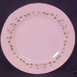 May include: A round, light pink plate with a delicate floral design in a ring around the edge. The plate has a silver rim and a simple, elegant aesthetic, suitable for serving food.