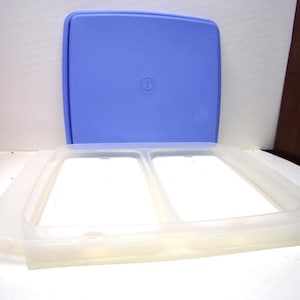 May include: A clear, rectangular food storage container with a divided interior and a blue lid. The lid is a solid blue color and has a small circular emblem in the center. The container is made of a translucent plastic material.