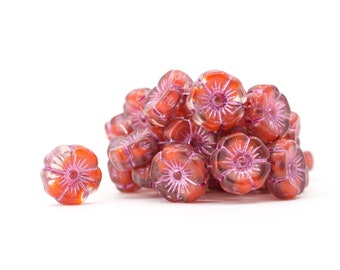 Boysenberry and Ladybug Red Czech Glass Jewellery Focal Beads, Pressed Hibiscus Flower Beads w/- Metallic Pink Wash | 4x12mm - 6pc