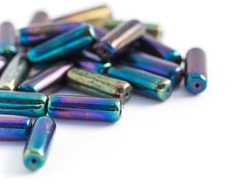 Long Tube Beads, Spacer Beads, Pressed Czech Glass Beads, Iris Blue, 4x14mm x 25pcs