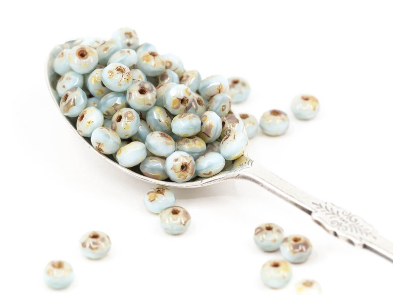 Czech Glass Faceted Rondelle Spacer Beads \u2013 Pastel Sky Blue Opaque Picasso 35mm x 30pcs