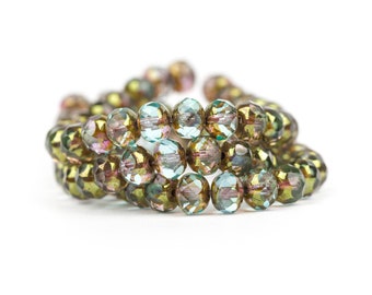 Czech Glass Jewellery Making Beads, Fire-Polished Faceted Rondelles, Transparent Sky-Blue with Metallic Brass Finish | 7x5mm - 10pcs