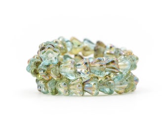Flower Beads, Baby Bell Pressed Czech Glass, Mini Flower Cups, Blue Green Glass, Aquamarine / Yellow Celsian | 6x5mm - 25pc