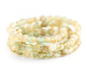 Spacer Beads, Yellow, Tea Green & White Mix Czech Glass, Semi-Transparent Fire Polished Faceted Rounds, 4mm x 50pc