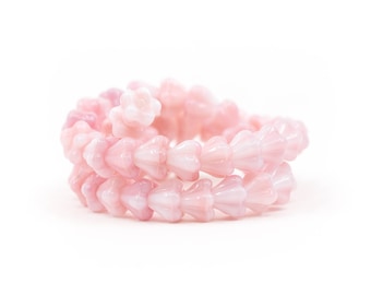 Pink & White Czech Glass Micro Macramé Beads, Pressed Baby Bell Flower Bead Caps, Opaque Strawberry Cream Floral Spacers | 6x5mm – 25pc