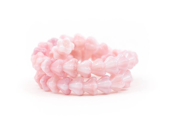 Pink & White Czech Glass Micro Macramé Beads, Pressed Baby Bell Flower Bead Caps, Opaque Strawberry Cream Floral Spacers | 6x5mm – 25pc