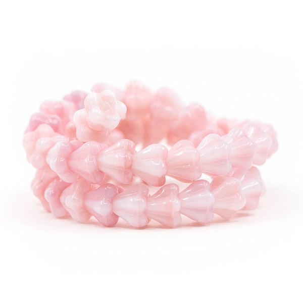 Pink & White Czech Glass Micro-Macramé Beads, Pressed Baby Bell Flower Bead Caps, Opaque Strawberry Cream Floral Spacers | 6x5mm – 25pc