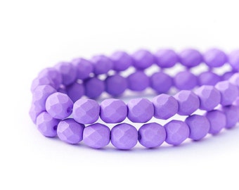 Matte Saturated Purple Czech Glass Beads, Opaque Purple Faceted Fire-Polished Round Spacers, 6mm x 25pcs