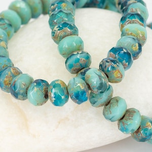 Faceted Picasso Czech Glass Beads for Earrings, Fire-Polished Small Rondelles, Opaque Duck Egg Blue & Transparent Turquoise, 5x3mm - 30 pcs