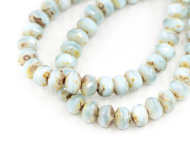 Czech Glass Faceted Rondelle Spacer Beads \u2013 Pastel Sky Blue Opaque Picasso 35mm x 30pcs